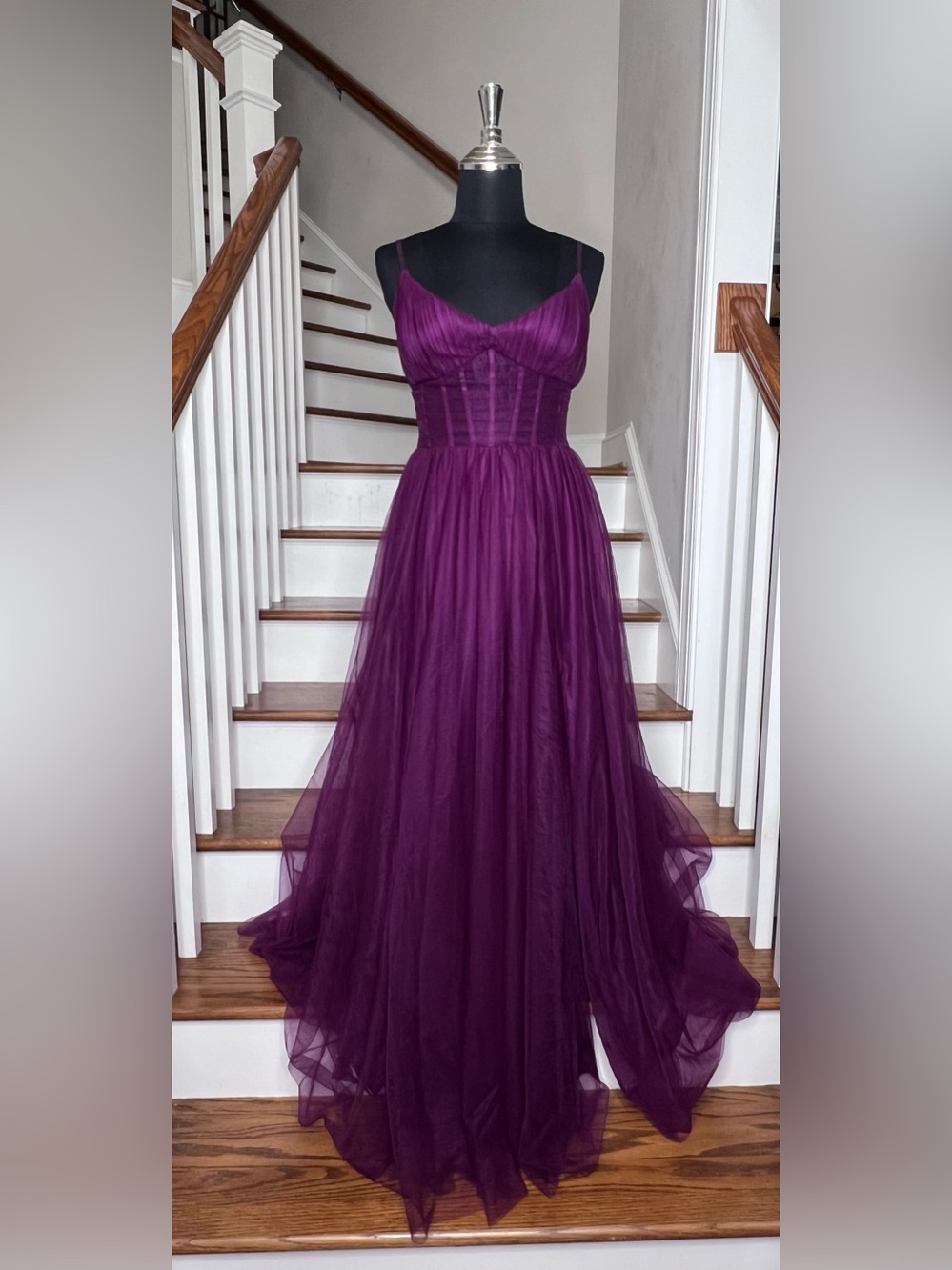 Windsor XS Plum Tulle Corset Illusion Waist Formal Prom Evening Gown Maxi Dress - Picture 2 of 10